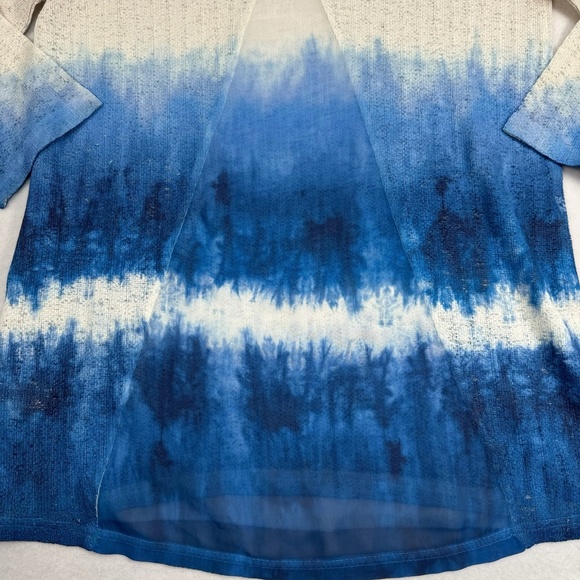 Indigo Soul 3/4 Length Sleeve Sheer Back Top Womens Sz Small Cream Blue Tie Dye - Picture 7 of 8